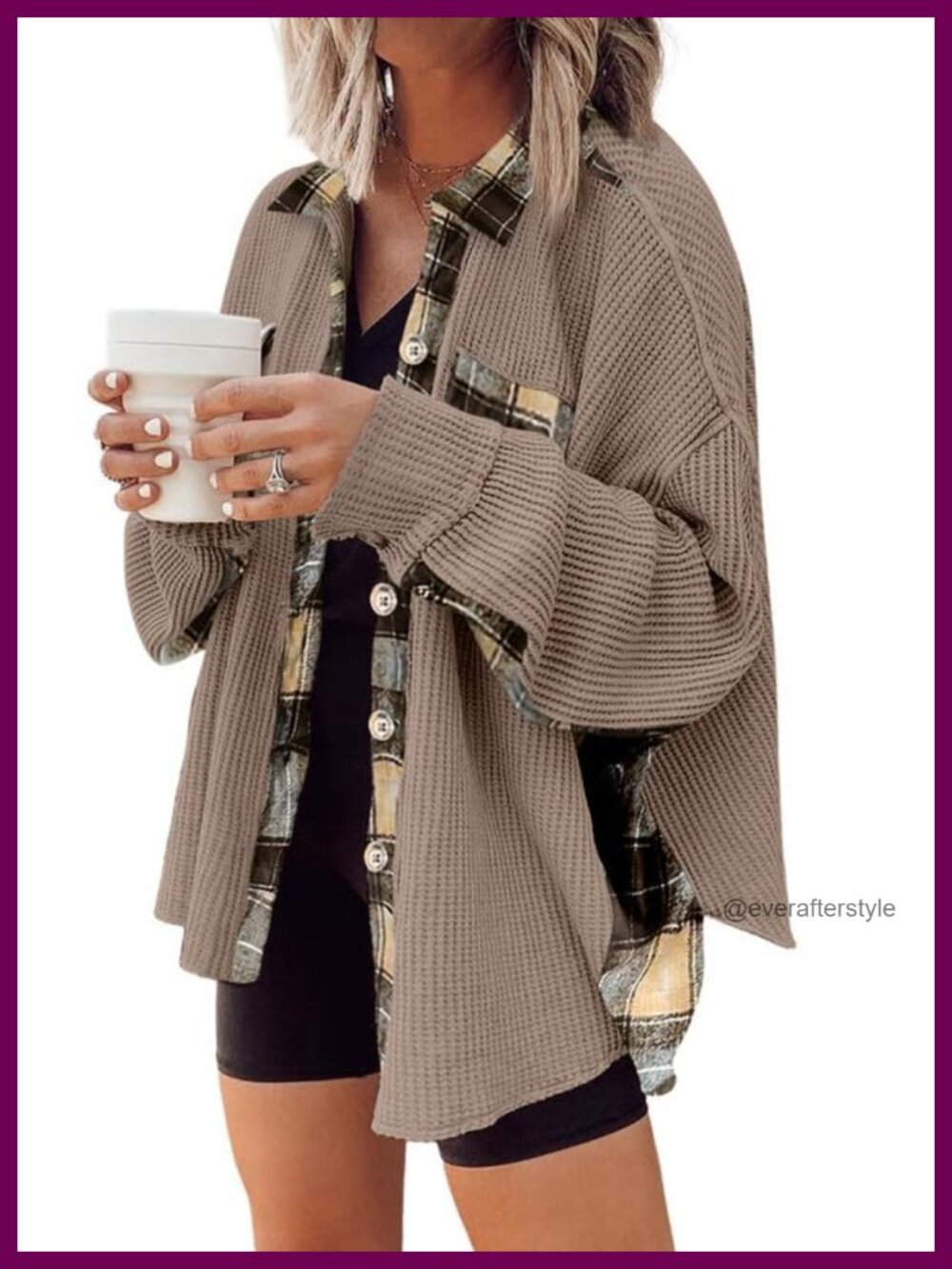 Waffle Knit Plaid Shacket Lightweight Button Down Flannel Shirt Long Sleeve